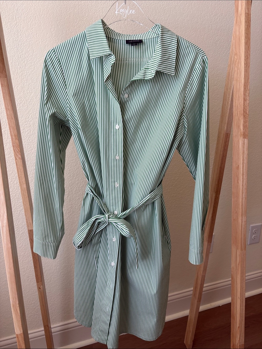 J. Jill Green and White Striped Long Sleeve Shirt Dress